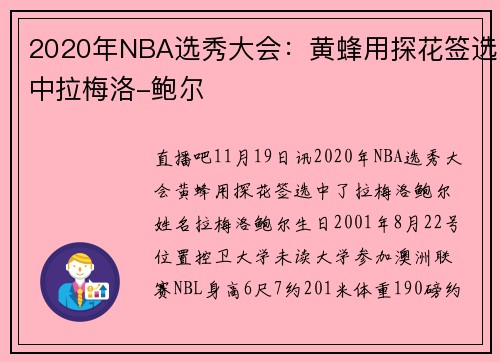 2020年NBA选秀大会：黄蜂用探花签选中拉梅洛-鲍尔