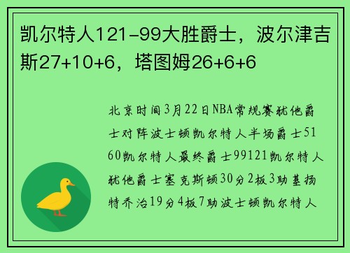 凯尔特人121-99大胜爵士，波尔津吉斯27+10+6，塔图姆26+6+6