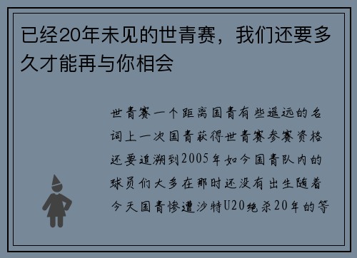 已经20年未见的世青赛，我们还要多久才能再与你相会