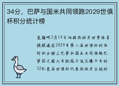34分，巴萨与国米共同领跑2029世俱杯积分统计榜