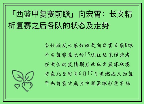 「西篮甲复赛前瞻」向宏霄：长文精析复赛之后各队的状态及走势